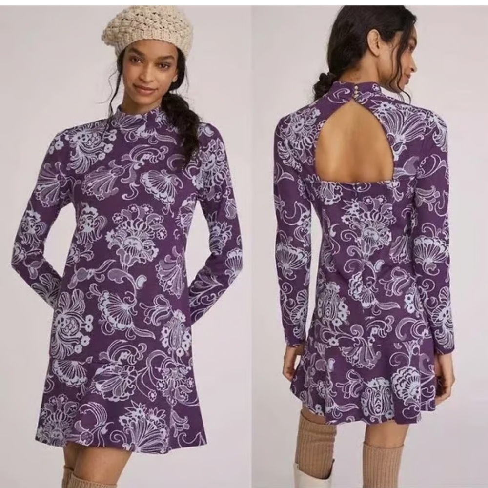 Anthropologie Mock Neck Mini Dress Boho Keyhole Back